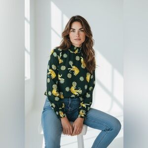 Tiger and Medallion Print Mock Neck Long Sleeve Blouse